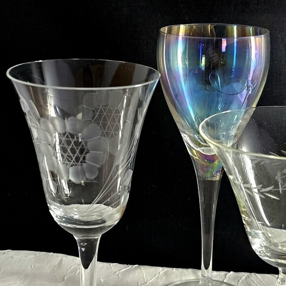 4 Mismatched Cordials Cocktail Glasses vtg mixed etched cut iridescent party - Picture 7 of 11